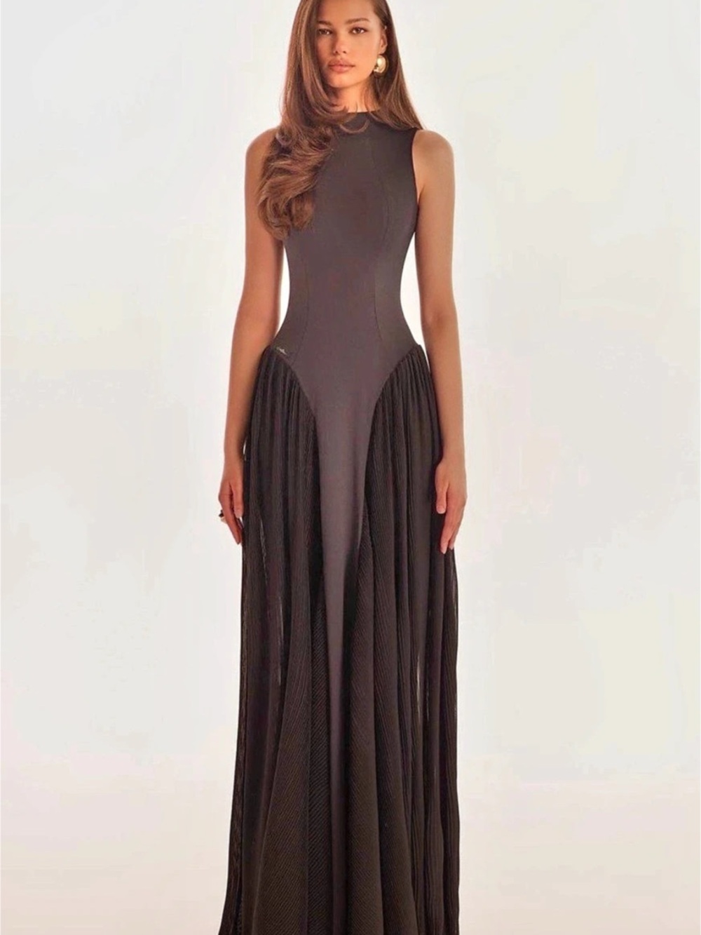 Milla Fittes Mock Neck Pleated Skirt Formal Maxi Dress Black